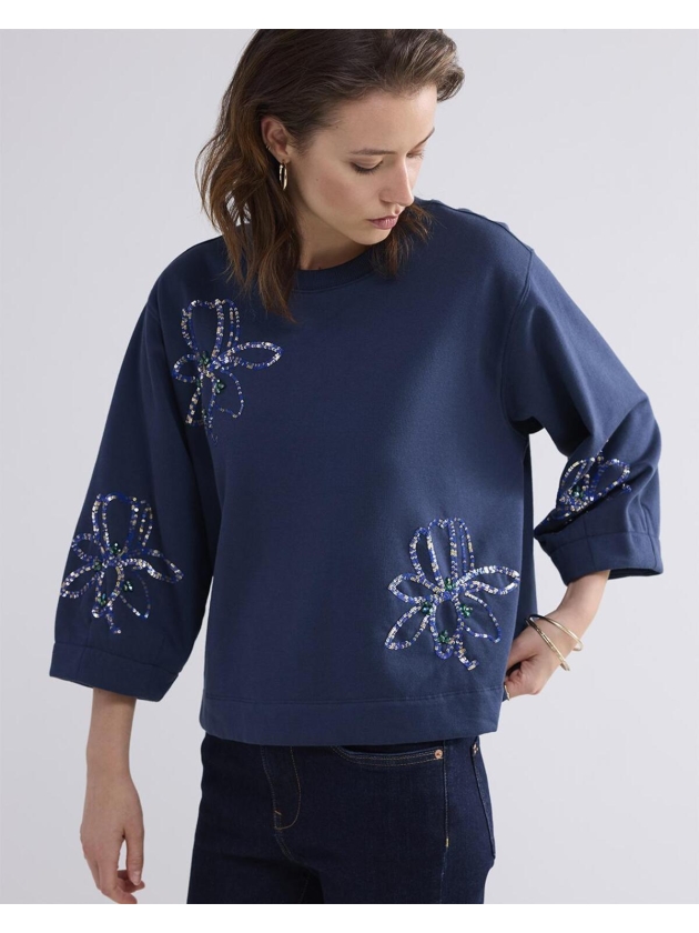 Summum Woman 3/4 sleeve sweatshirt Embellished Sweat 495 Midnight blue