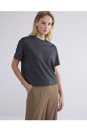Summum Woman Shortsleeve Top Lurex Rib Stripe 495 Midnight blue