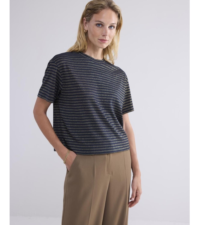 Summum Woman Shortsleeve Top Lurex Rib Stripe 495 Midnight blue