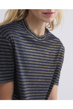 Summum Woman Shortsleeve Top Lurex Rib Stripe 495 Midnight blue