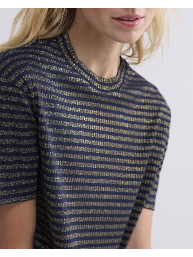 Summum Woman Shortsleeve Top Lurex Rib Stripe 495 Midnight blue