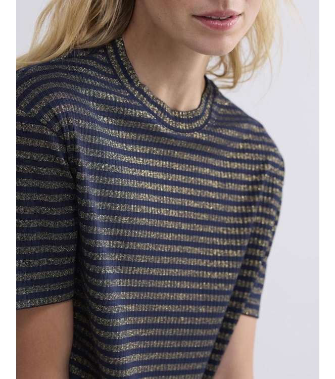 Summum Woman Shortsleeve Top Lurex Rib Stripe 495 Midnight blue