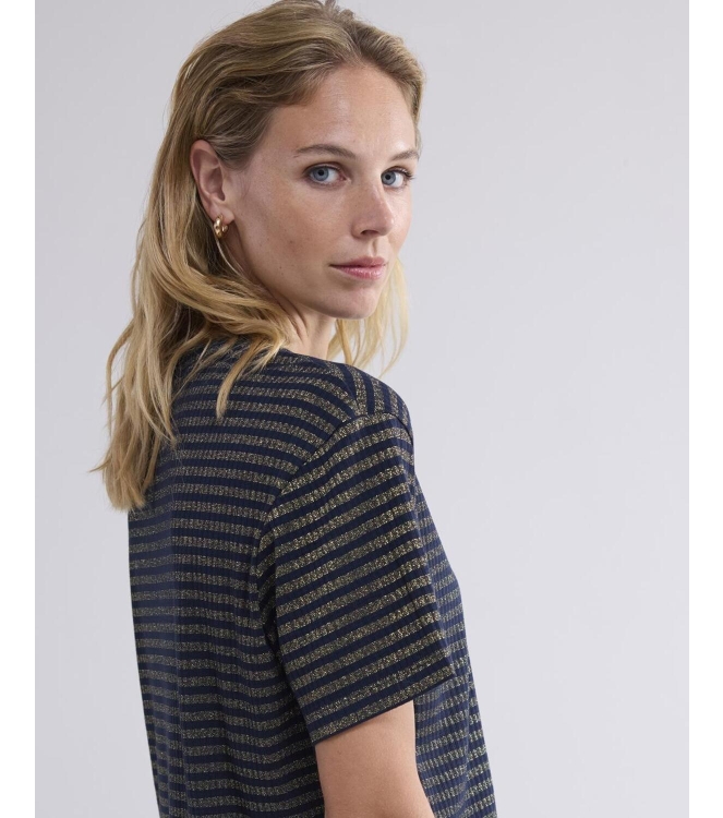 Summum Woman Shortsleeve Top Lurex Rib Stripe 495 Midnight blue
