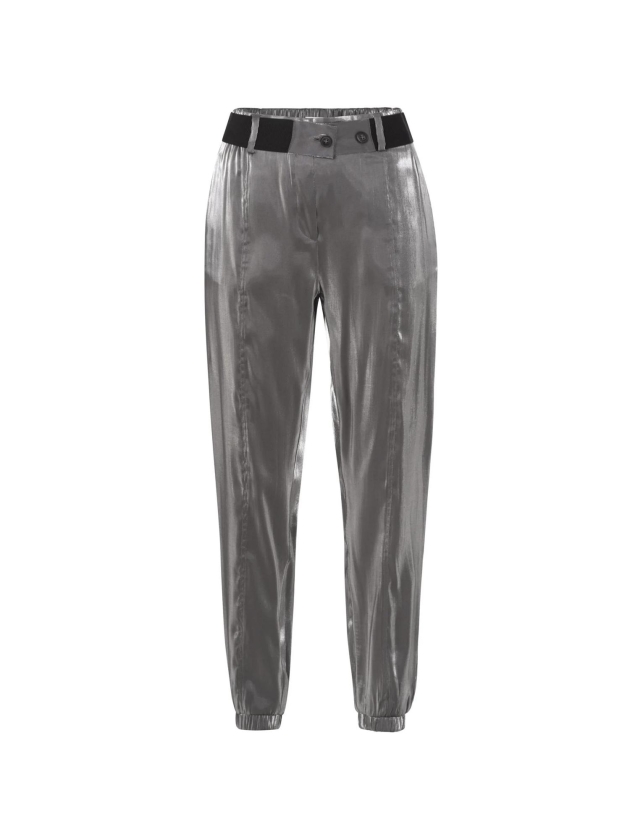 Yaya WOVEN METALLIC WIDE LEG TROUSE Anthracite silver