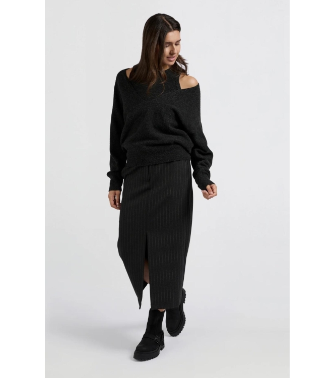 Yaya Soft woven pinstripe midi skir 999441 Anthracite dessin