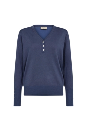 Freequent V-neck w. placket Vintage indigo