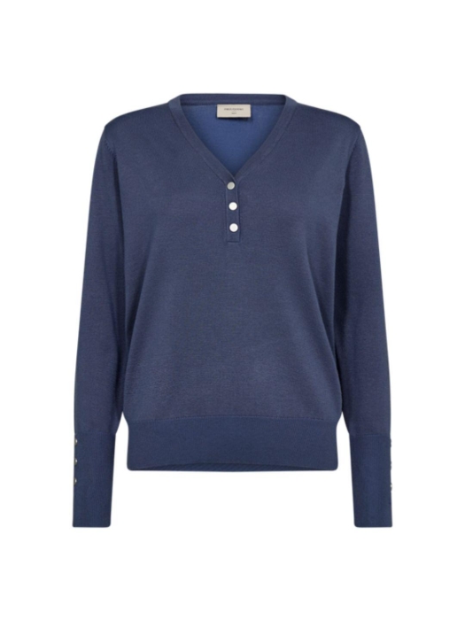 Freequent V-neck w. placket Vintage indigo