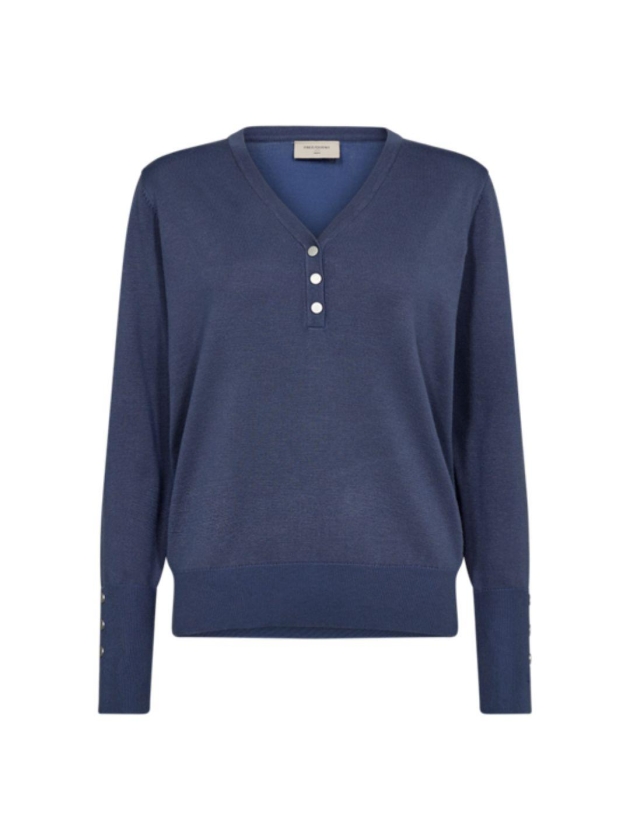 Freequent V-neck w. placket Vintage indigo