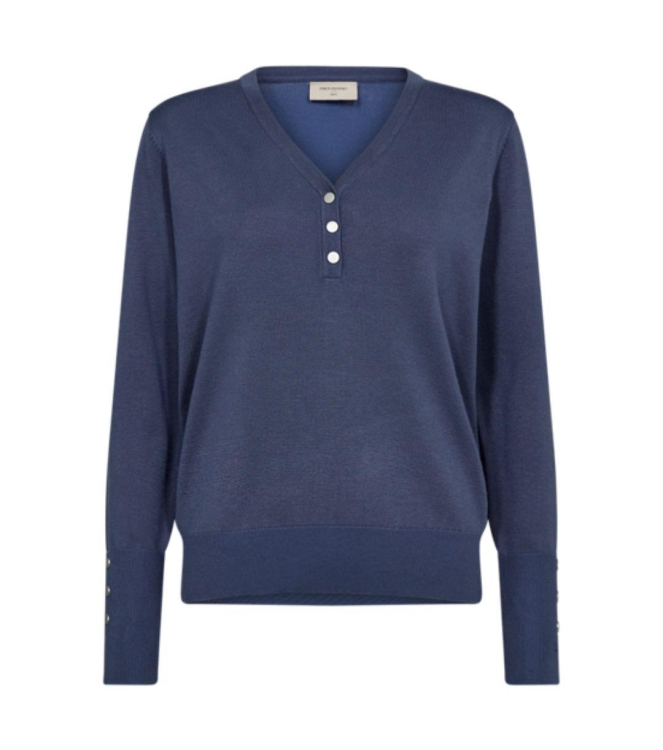 Freequent V-neck w. placket Vintage indigo