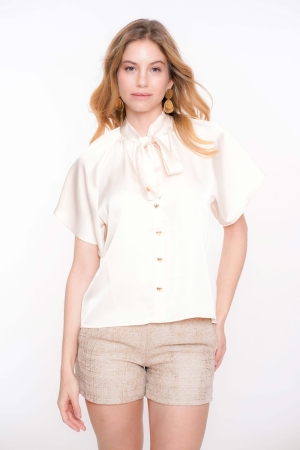 Geisha BLouse satin with bow 010 Off white