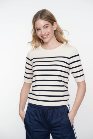 Geisha Pull stripe short sleeves 10 Offwhite/navy