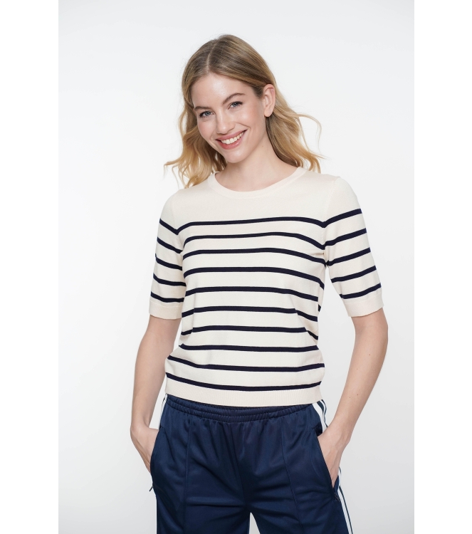 Geisha Pull stripe short sleeves 10 Offwhite/navy