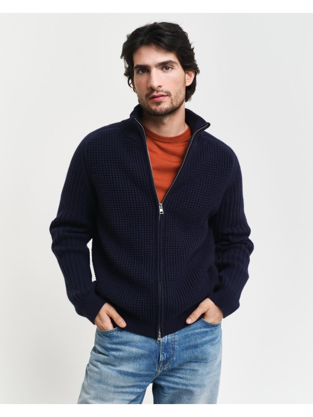 Gant Textured Wool Blend Zip Cardigan 433 evening blue