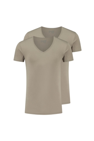 Slater TENCEL 2-pack T-shirt deep V-neck s Khaki