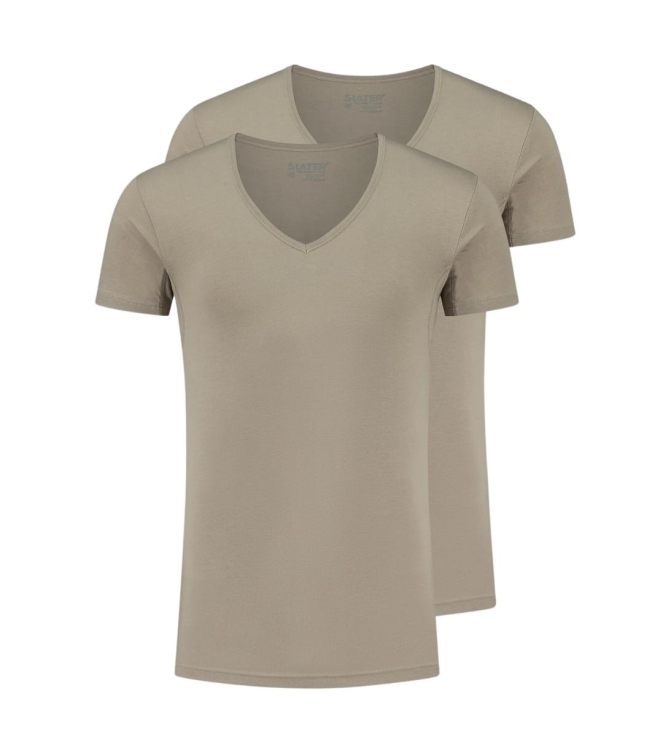 Slater TENCEL 2-pack T-shirt deep V-neck s Khaki