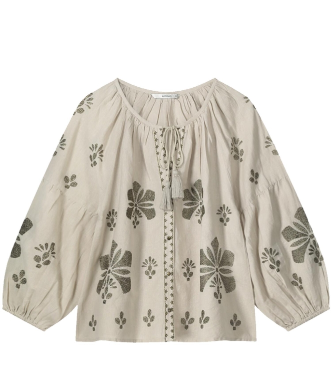 Summum Woman Long sleeve top Linen Heavy Embroidery 702 Pebble beige