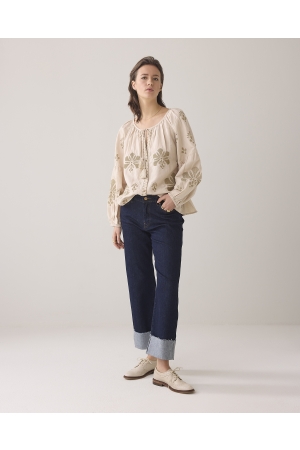 Summum Woman Long sleeve top Linen Heavy Embroidery 702 Pebble beige
