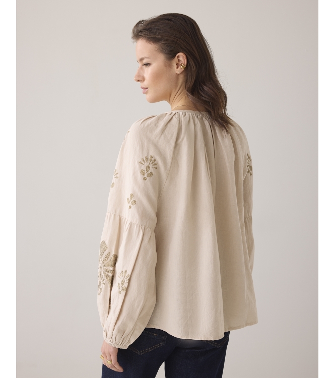 Summum Woman Long sleeve top Linen Heavy Embroidery 702 Pebble beige