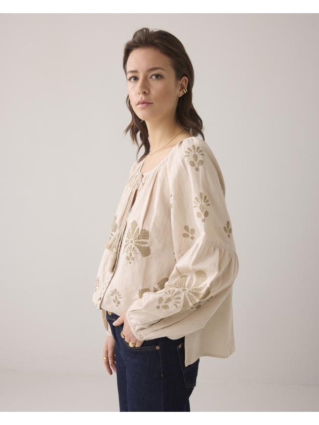 Summum Woman Long sleeve top Linen Heavy Embroidery 702 Pebble beige