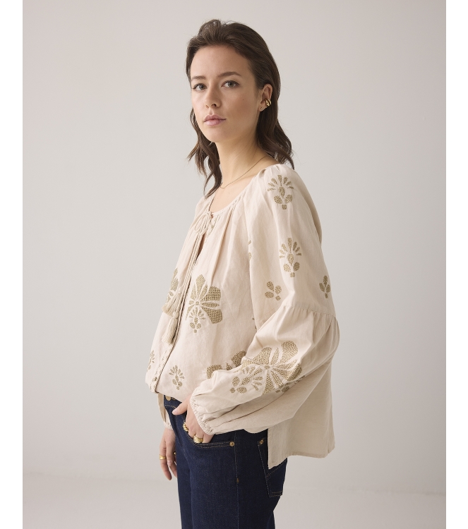Summum Woman Long sleeve top Linen Heavy Embroidery 702 Pebble beige