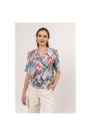 Sarto Fashion Blouson elastic o-neck s/s m1284 coral-rosebloom+multicolzigza