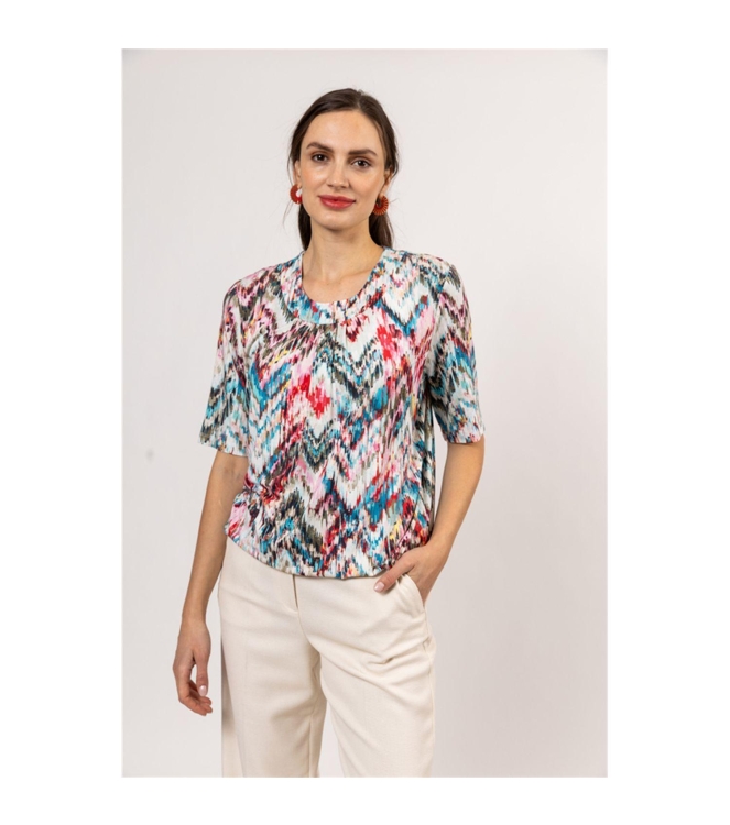 Sarto Fashion Blouson elastic o-neck s/s m1284 coral-rosebloom+multicolzigza