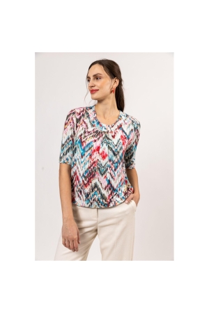 Sarto Fashion Blouson elastic o-neck s/s m1284 coral-rosebloom+multicolzigza