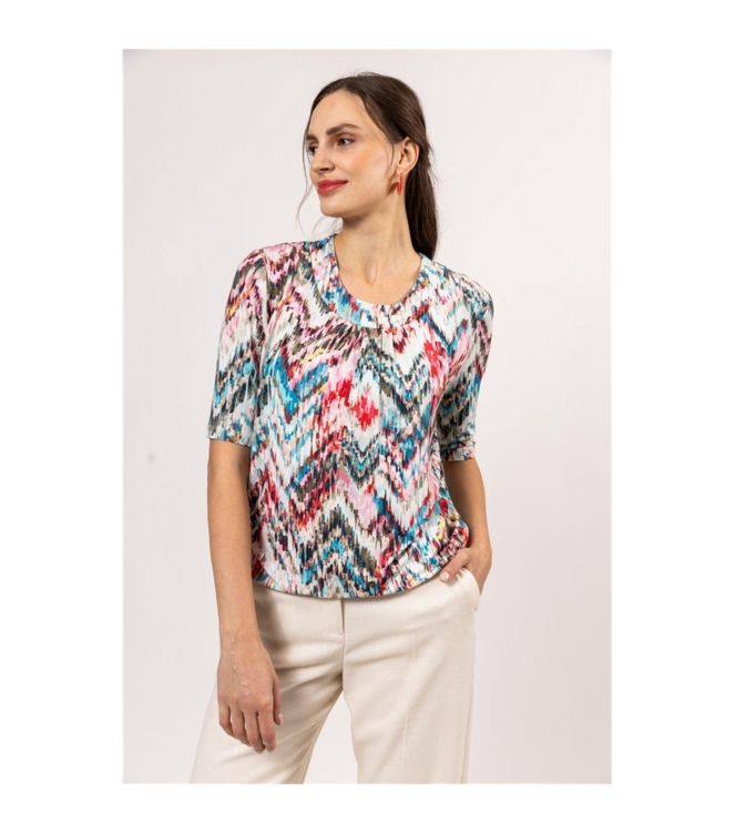 Sarto Fashion Blouson elastic o-neck s/s m1284 coral-rosebloom+multicolzigza