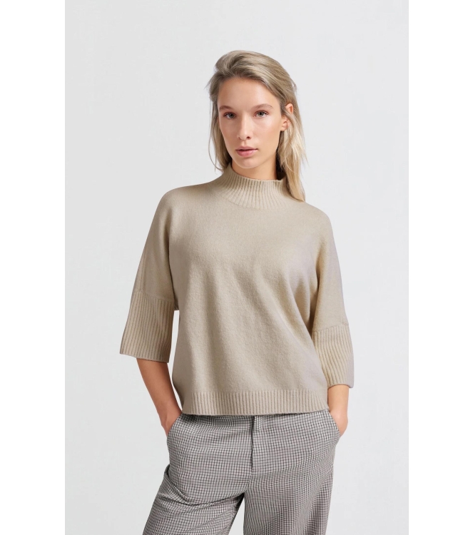 Yaya High neckline sweater with rib Pumice stone beige