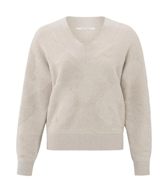 Yaya V-neck sweater with texture Pumice stone beige