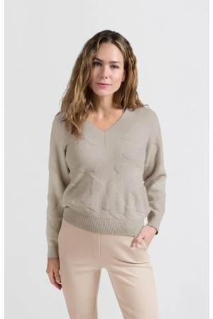Yaya V-neck sweater with texture Pumice stone beige