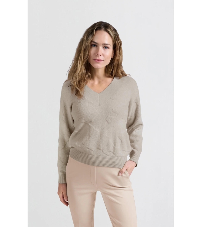 Yaya V-neck sweater with texture Pumice stone beige