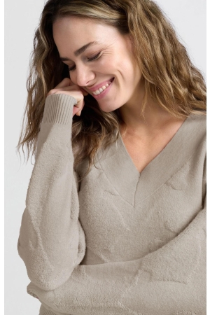 Yaya V-neck sweater with texture Pumice stone beige
