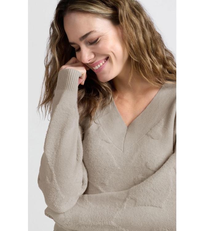 Yaya V-neck sweater with texture Pumice stone beige