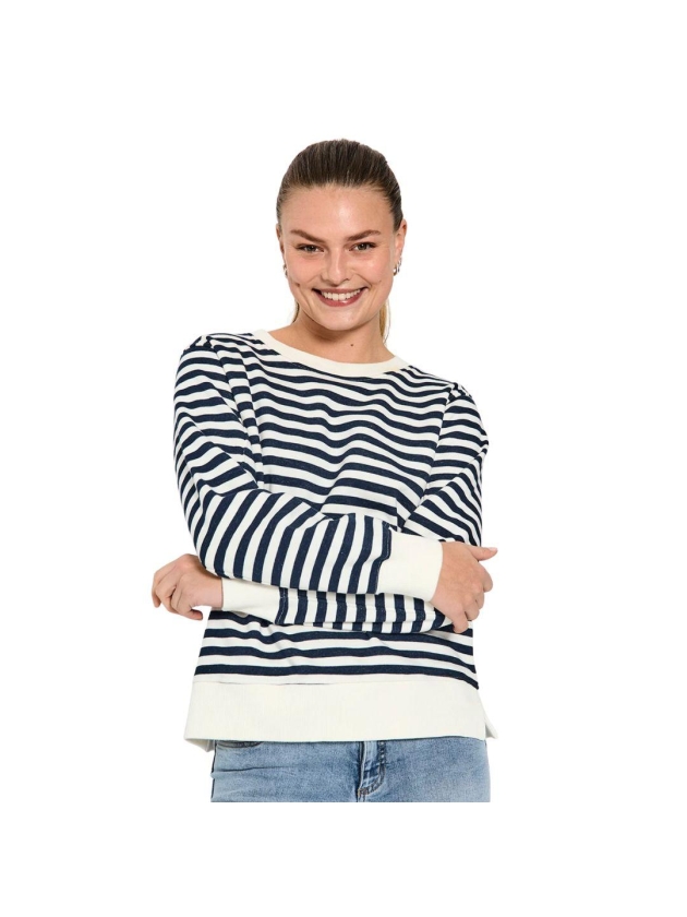 Freequent Striped sweatshirt Off-white w. navy blazer