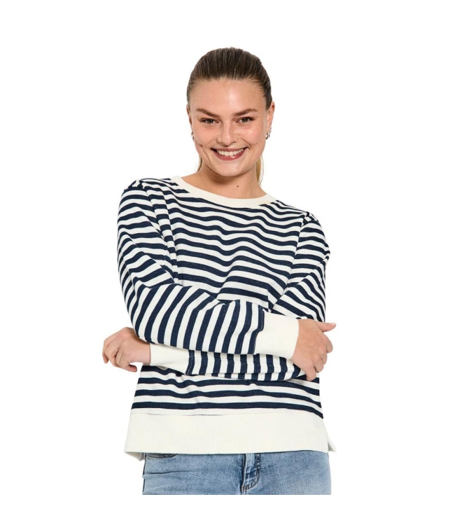 Freequent Striped sweatshirt Off-white w. navy blazer