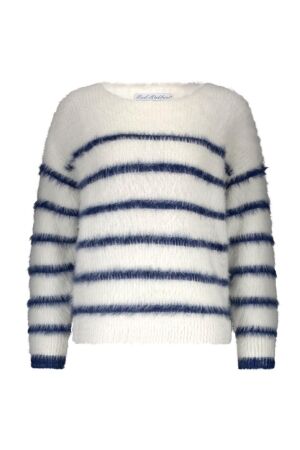 Red Button Fuzzy Sweater & Stripe 448 Ecru/Indigo
