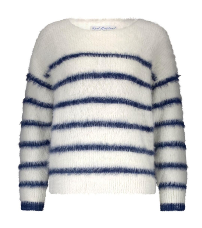 Red Button Fuzzy Sweater & Stripe 448 Ecru/Indigo