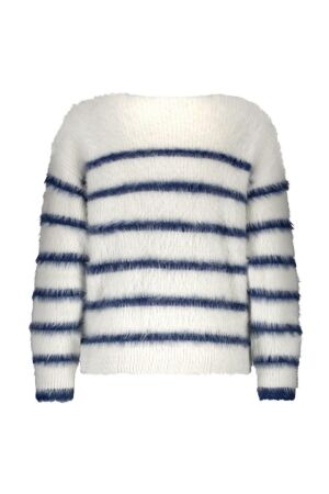 Red Button Fuzzy Sweater & Stripe 448 Ecru/Indigo