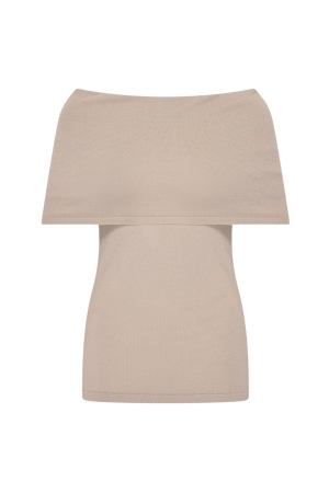 Expresso Knitted top with folded off-shoulde EX260 Pebble