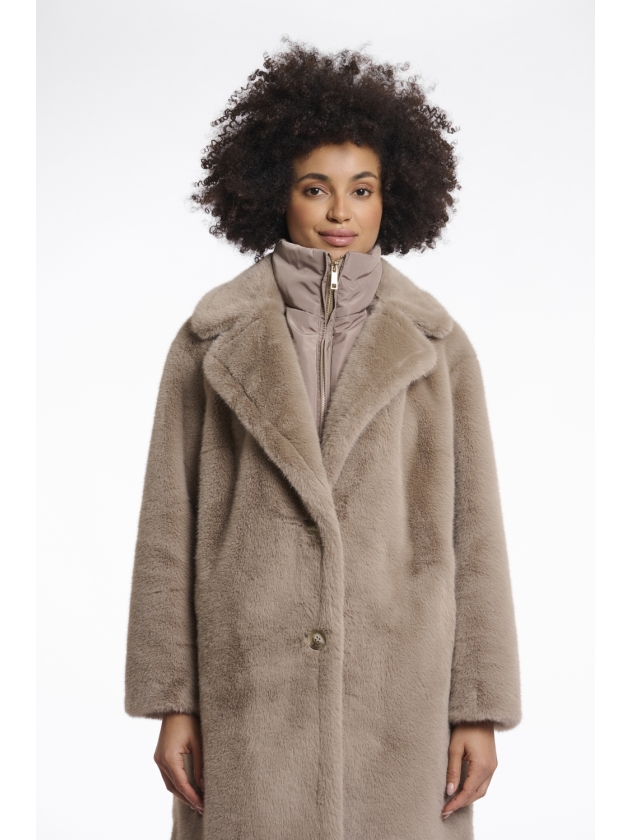 Rino en Pelle Single breasted faux fur coat with detachable coll 10868 toffee