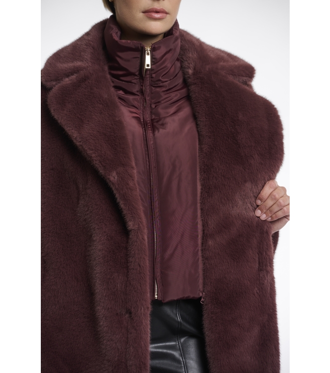 Rino en Pelle Single breasted faux fur coat with detachable coll 10873 chocolate bean