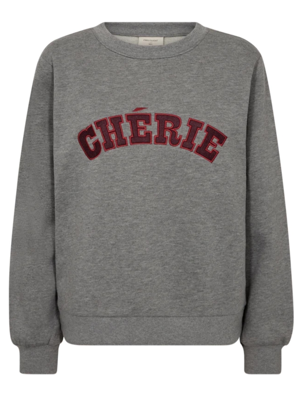 Freequent Embroidery pullover Med.grey mel w. port royale