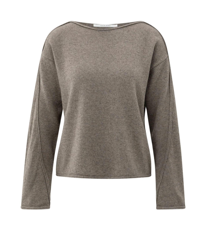 Yaya Boatneck sweater with fringes 990172 Brown mel
