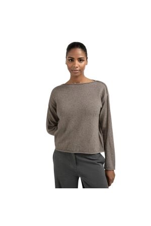 Yaya Boatneck sweater with fringes 990172 Brown mel