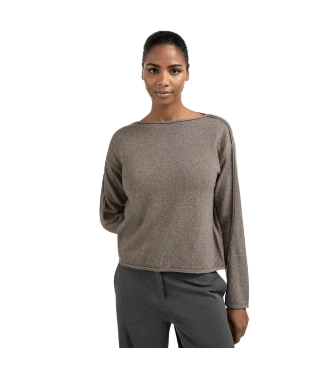 Yaya Boatneck sweater with fringes 990172 Brown mel