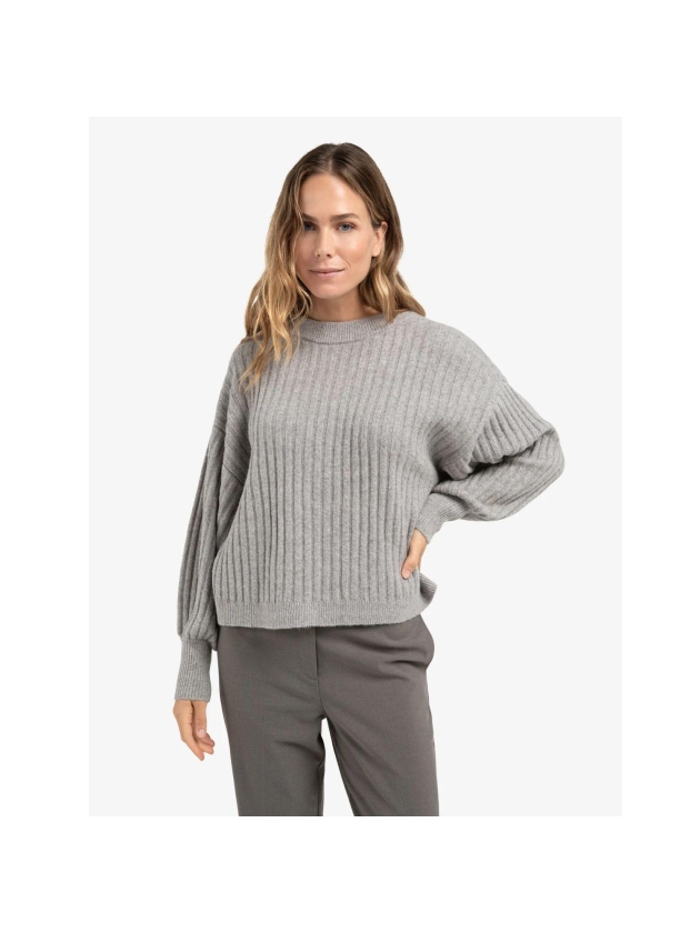 Yaya Ribbed sweater with round neck 99032 Taupe grey