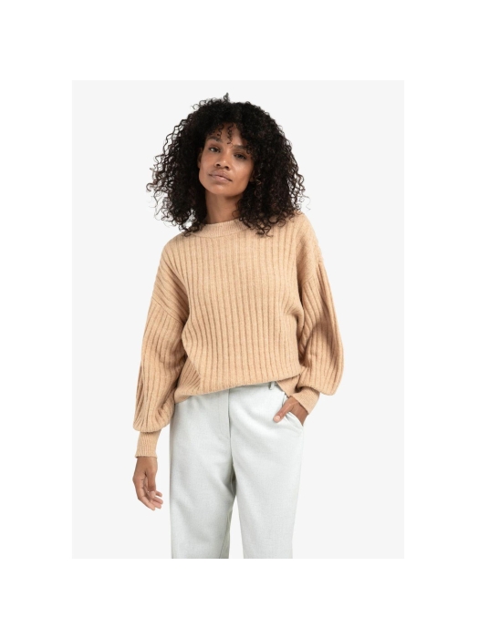 Yaya Ribbed sweater with round neck 99030 Light camel