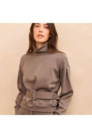 Yaya High neck sweatshirt with belt 803072 dark night grey melange