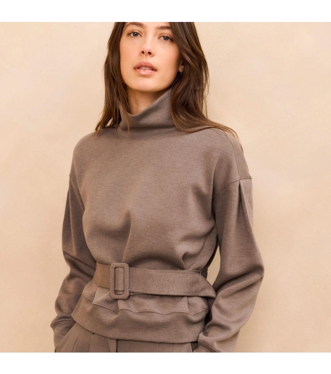 Yaya High neck sweatshirt with belt 803072 dark night grey melange